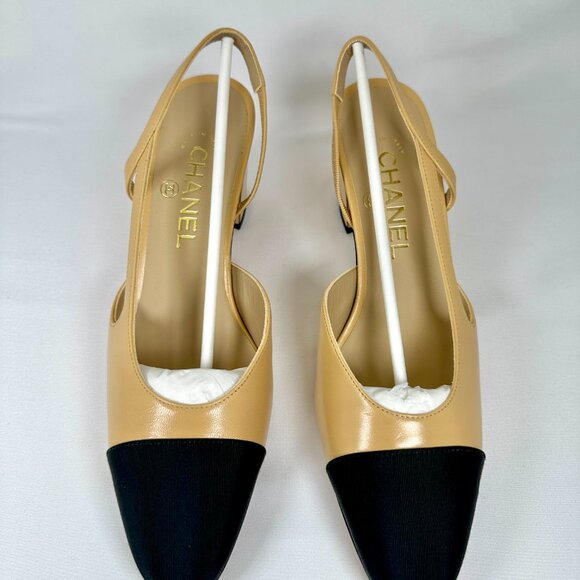 CHANEL SLINGBACK CAP TOE HEELS BEIGE - Picture 5 of 12